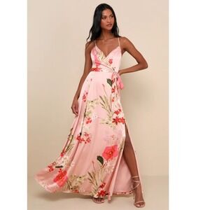 Lulus Still the One Blush Pink Floral Print Satin Maxi Dress Slit Sm Coquete